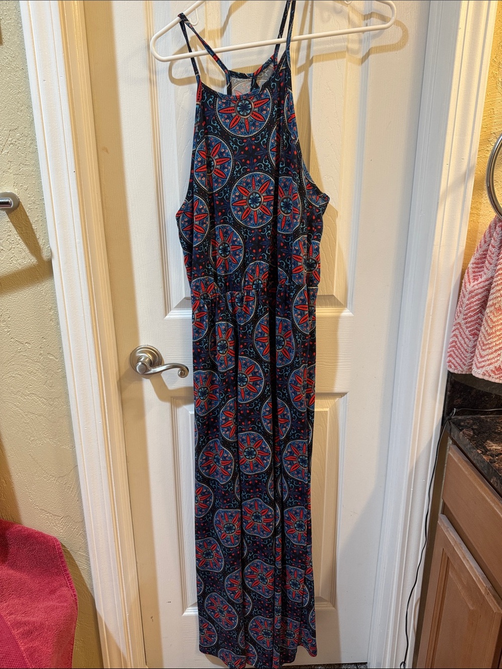 Sleeveless Navy & Red Printed Halter Maxi